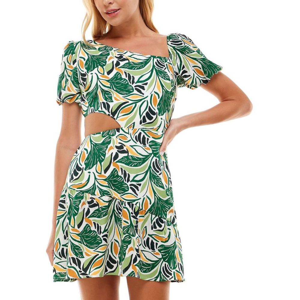 City Studio Green White Yellow Leaf-Print Cutout Mini Dress